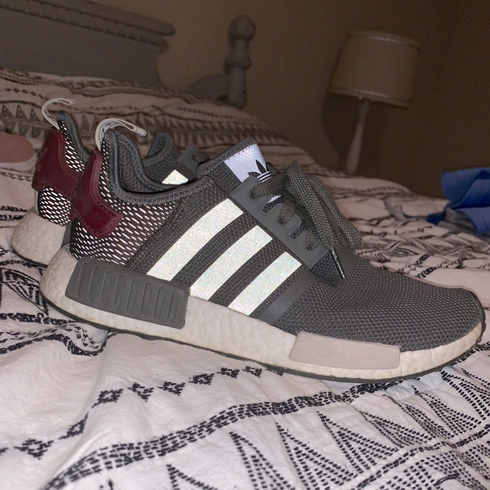 Green and maroon adidas nmd’s